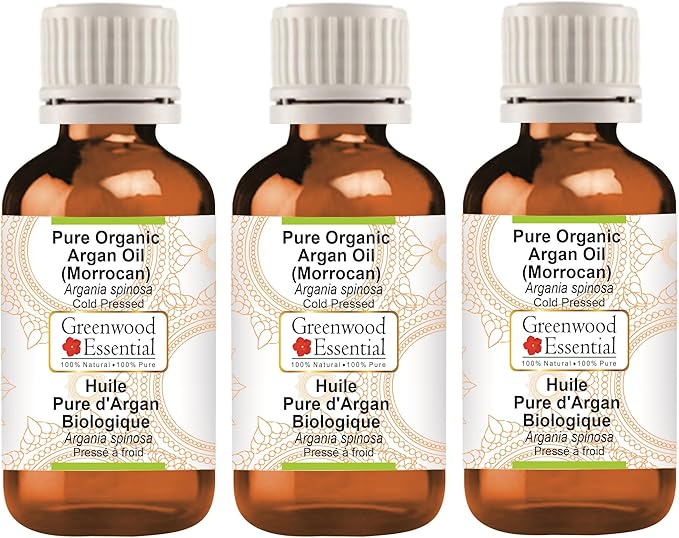 Greenwood Essential Pure Organic Argan (Moroccan) Oil (Argania spinosa) Cold Pressed (Pack of Three) 100ml X 3 (10 oz)