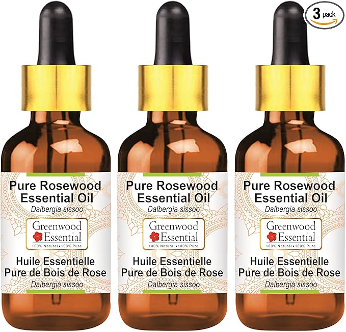 Greenwood Essential Pure Rosewood Essential Oil (Dalbergia Sissoo) with Glass Dropper Steam Distilled (Pack of Three) 100ml X 3 (10.1oz)