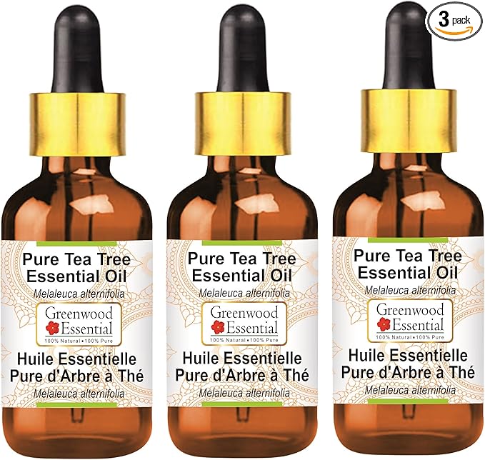 Greenwood Essential Tea Tree Essential Oil (Melaleuca alternifolia) with Glass Dropper Steam Distilled (Pack of Three) 100ml X 3 (10.1oz)