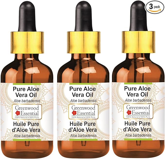 Greenwood Essential Pure Aloe Vera Oil (Aloe barbadensis) with Glass Dropper Premium Therapeutic Grade for Hair, Skin & Aromatherapy (Pack of Three) 100ml X 3 (10.1oz)