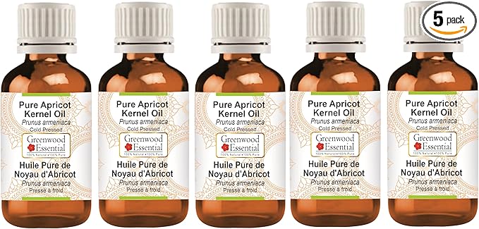 Greenwood Essential Pure Apricot Kernel Oil (Prunus armeniaca) Cold Pressed (Pack of Five) 100ml X 5 (16.9 oz)