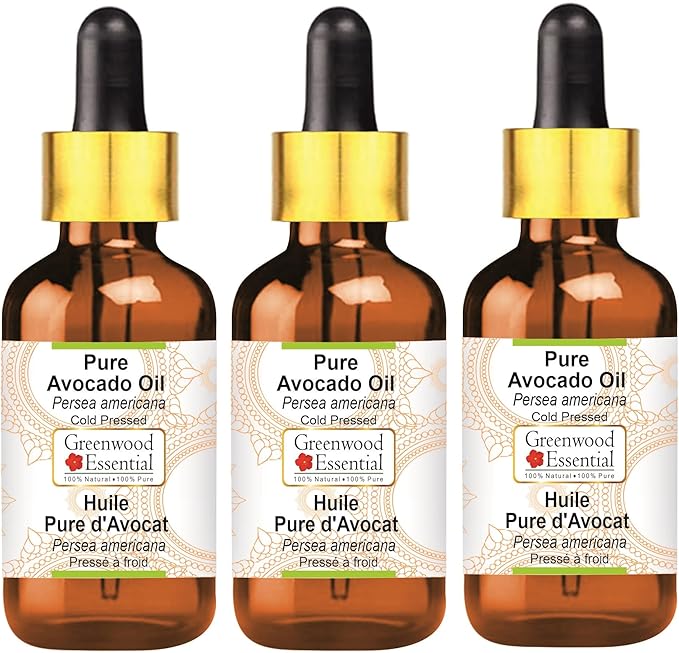 Greenwood Essential Pure Avocado Oil (Persea americana) with Glass Dropper Cold Pressed (Pack Of Three) 100ml X 3 (10 oz)