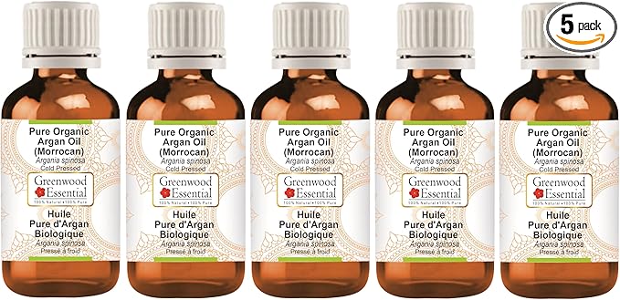 Greenwood Essential Pure Organic Argan (Moroccan) Oil (Argania spinosa) Cold Pressed (Pack of Five) 100ml X 5 (16.9 oz)